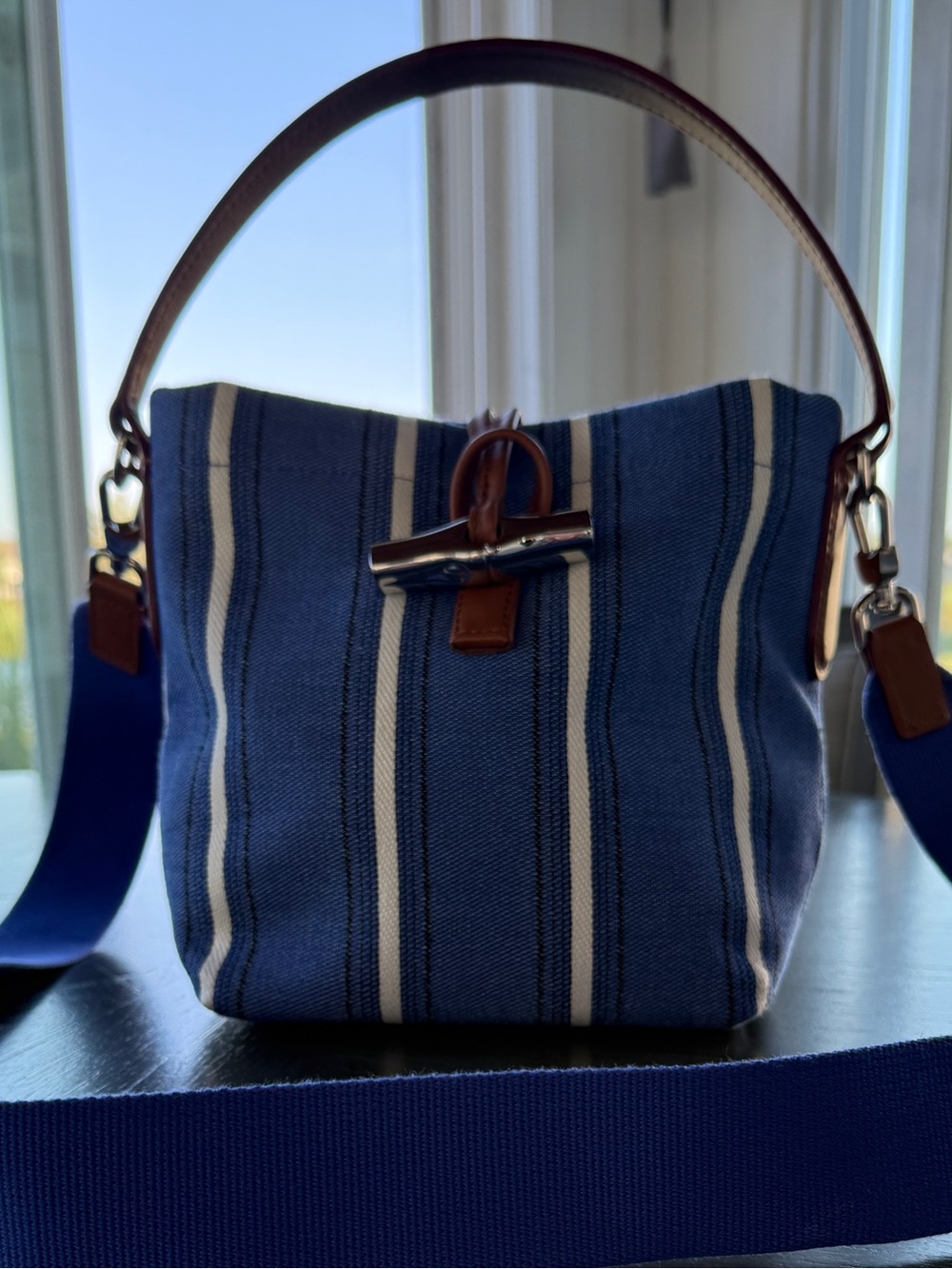 Longchamp Le Roseau Blue and White Striped Bucket Bag